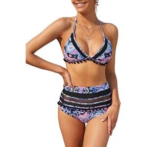 Womens Paisley Blue Pink Pom Pom Retro High Waisted Bikini - Small